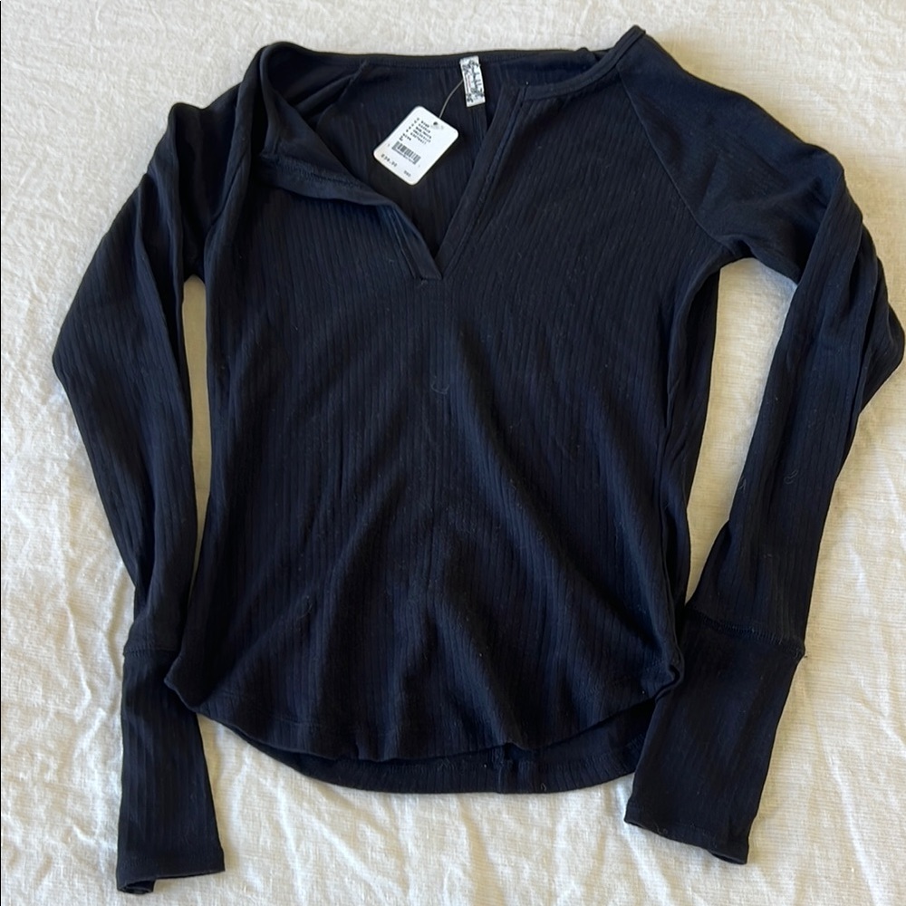 Free People Black Fitted Long Sleeve Blouse